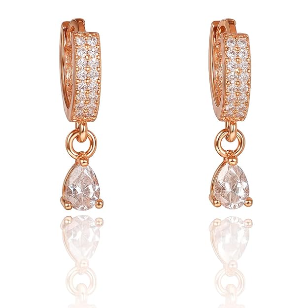 18k Rose Gold Plated Clip On Hoop Earrings, Latest Fancy Stylish Zircon Copper Bali Earrings for Women and Girls