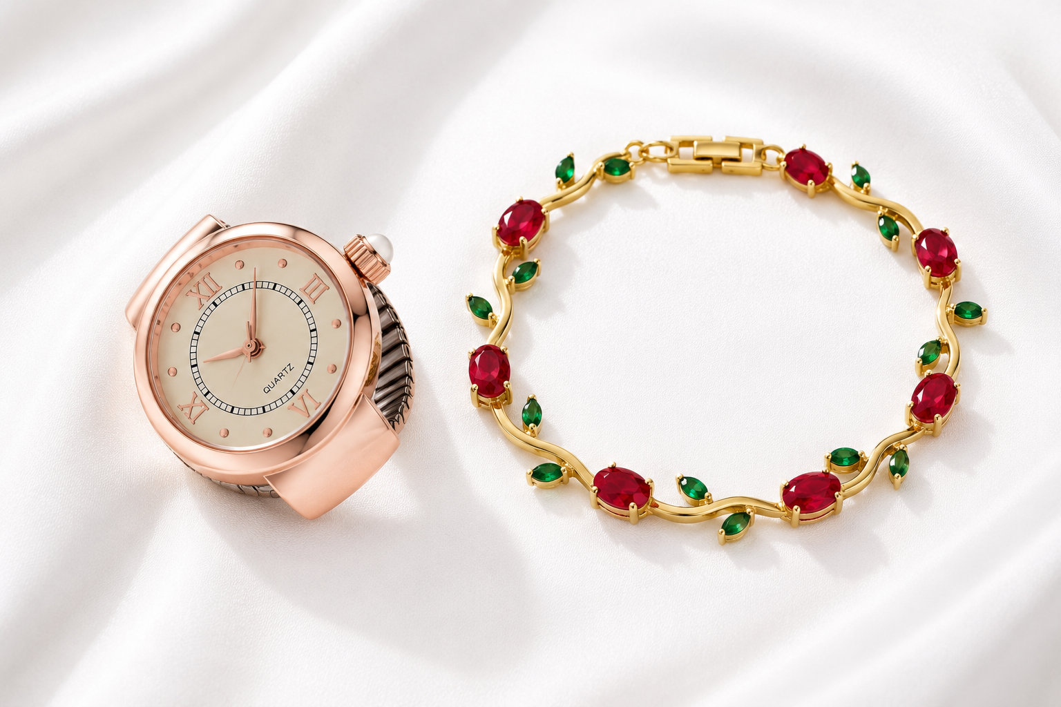 Ring Watch + Tulip Floral Bracelet Combo