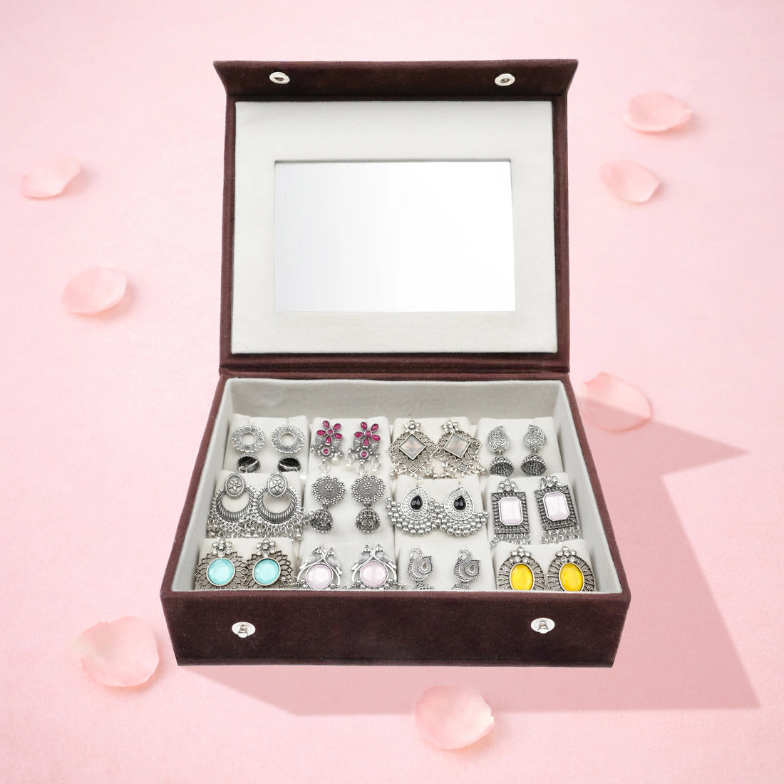 Set of 12 oxidized designer earrings with folding mirror jewelry box